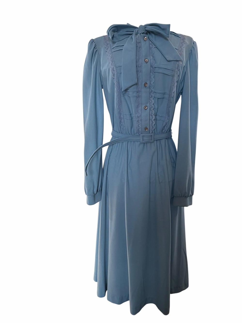 Vintage Light Blue Bow and Lace Long Sleeve Midi Dress Prairie Cottagecore Retro